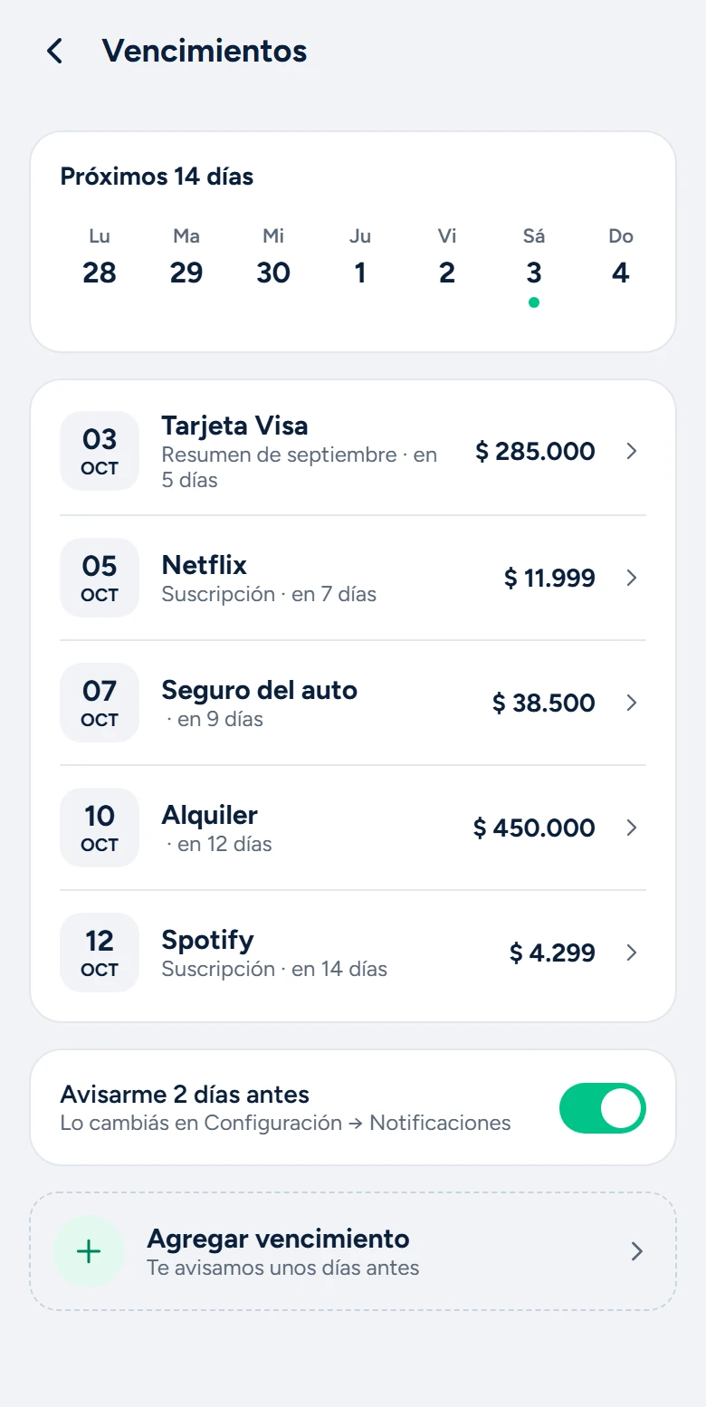 Pantalla Vencimientos de Chirolas con los próximos cobros